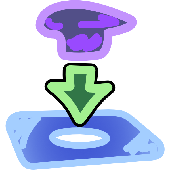 A blue rounded rectangle with a hole in the middle has a green arrow above it pointing to the hole. The arrow originates below an organic purple shape. The shape is sort of like an oval sitting on a rectangle. The rectangle is the perfect size to fit in the hole, the oval is too big for it, making the shape an effective plug. The image has light line art.